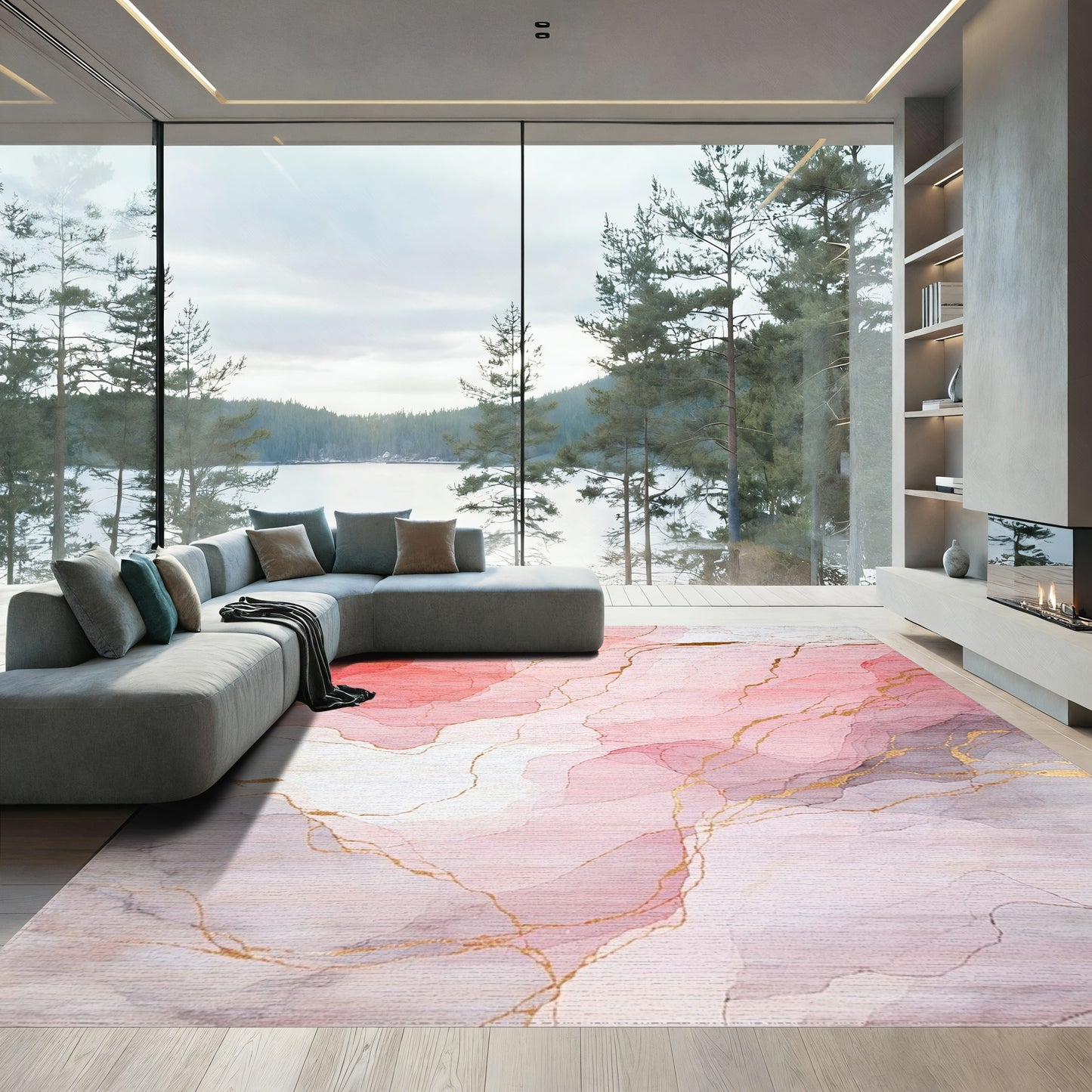 Abstract Blush Gold Veins Rug