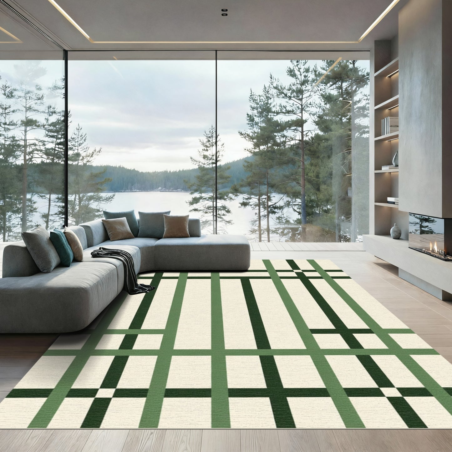 Green Cream Intersecting Lines Rug