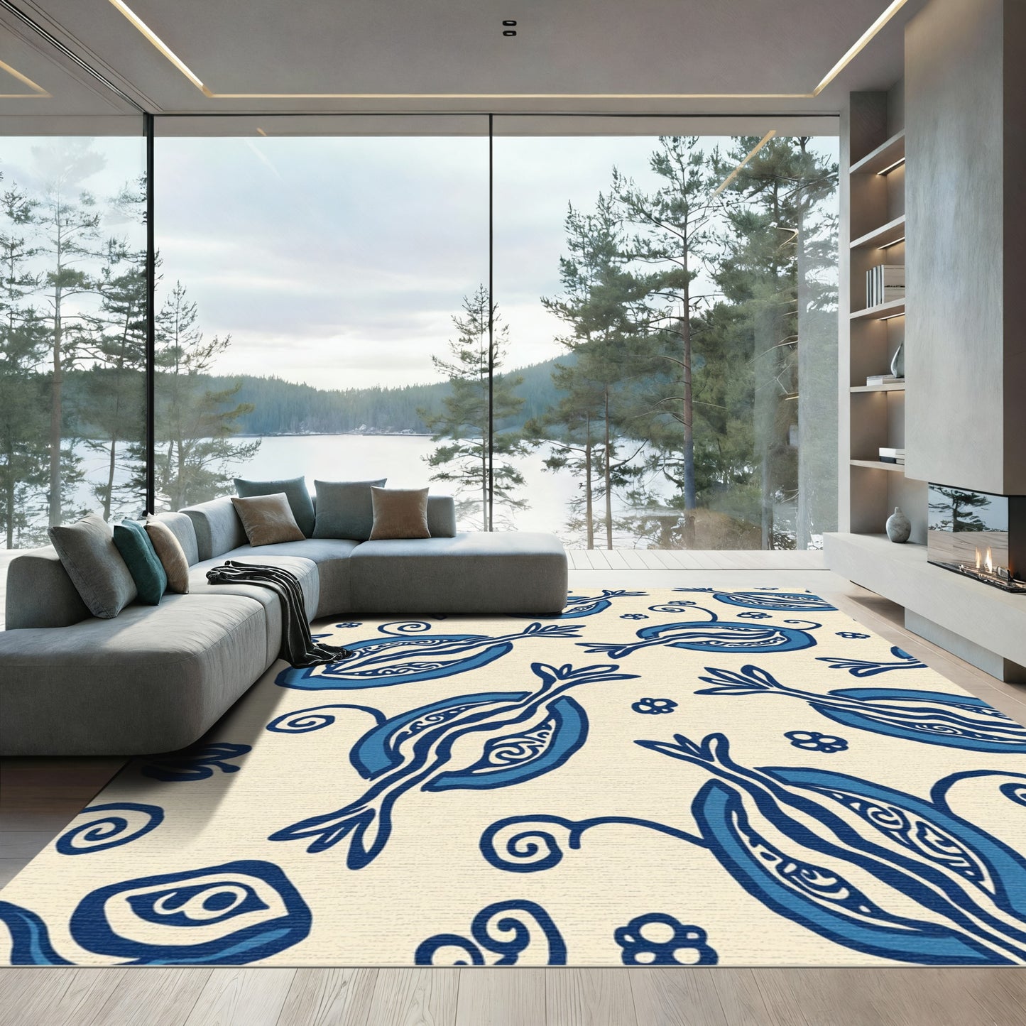 Blue White Stylized Fruit Floral Rug