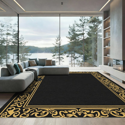 Black Gold Elaborate Floral Border Rug