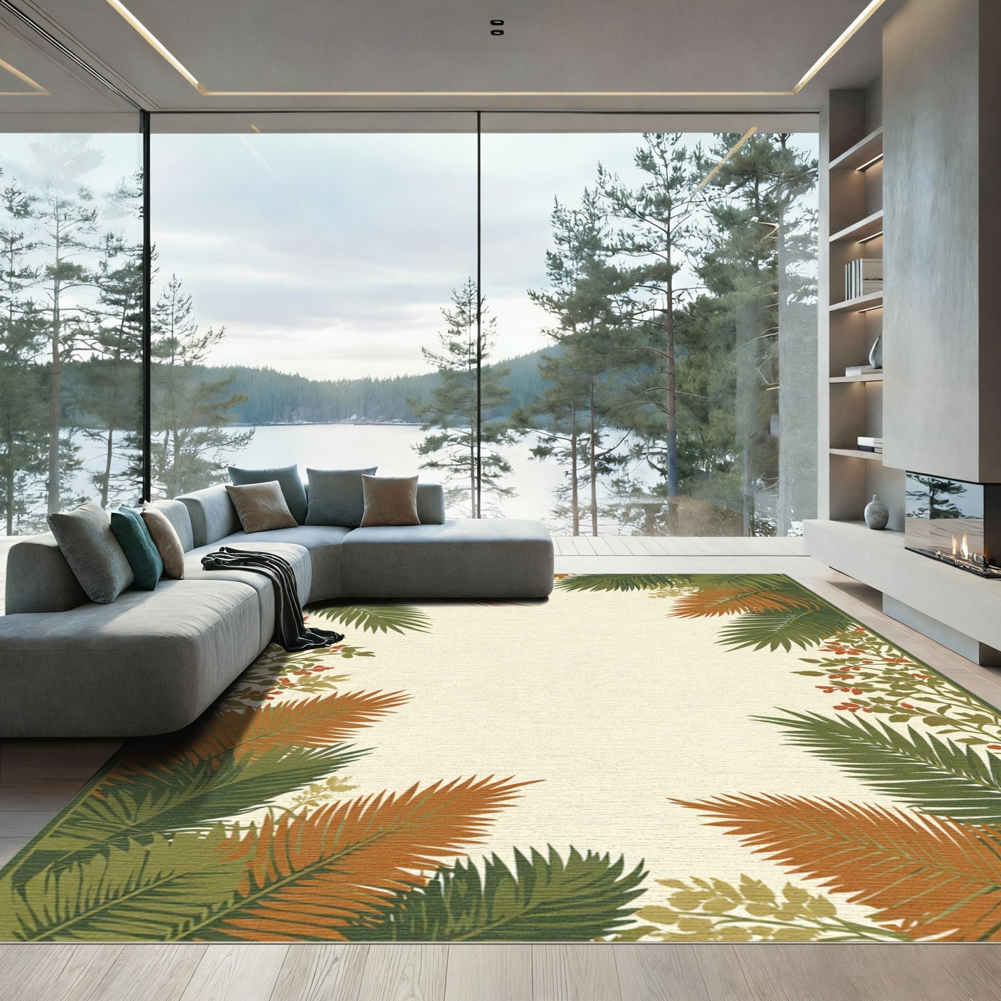 Terracotta Green Tropical Leaf Border Rug