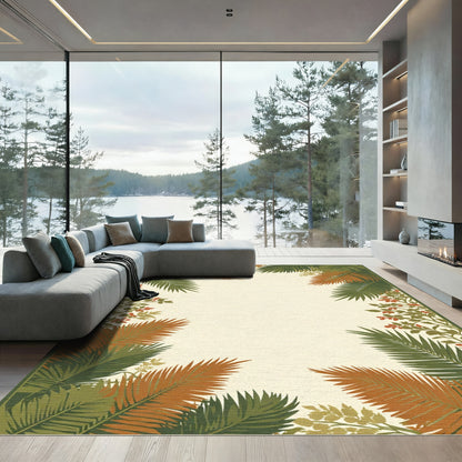 Terracotta Green Tropical Leaf Border Rug