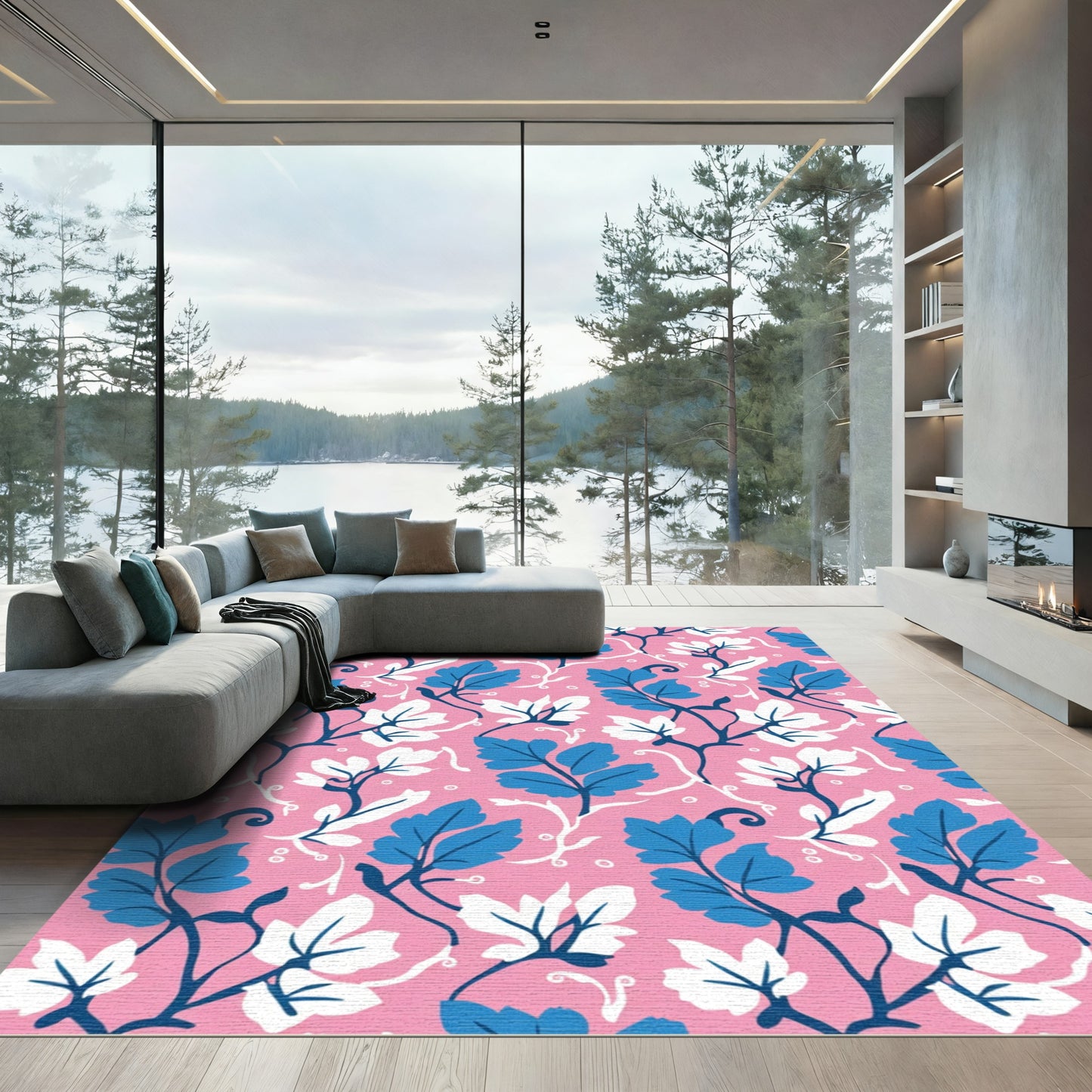 Pink Blue White Floral Vines Rug