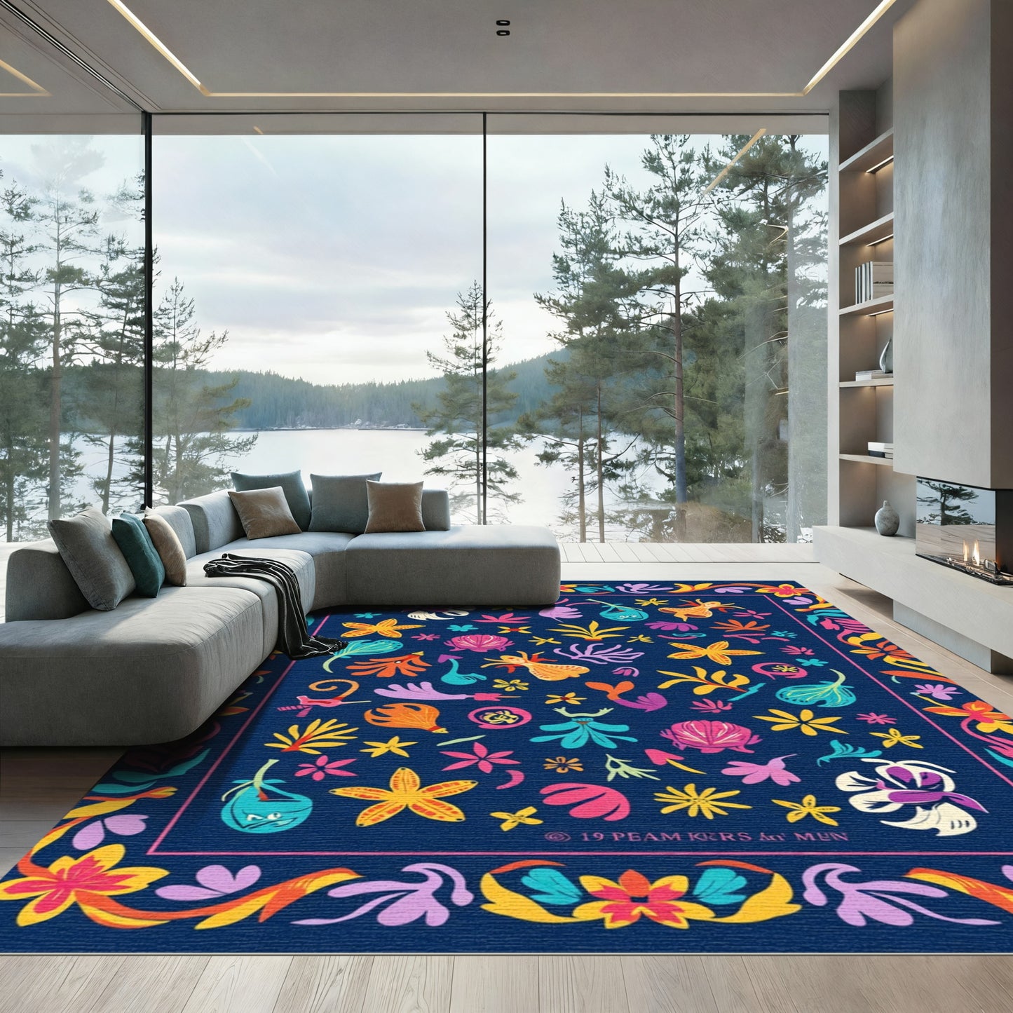 Whimsical Navy Aquatic Flower Collage Rug