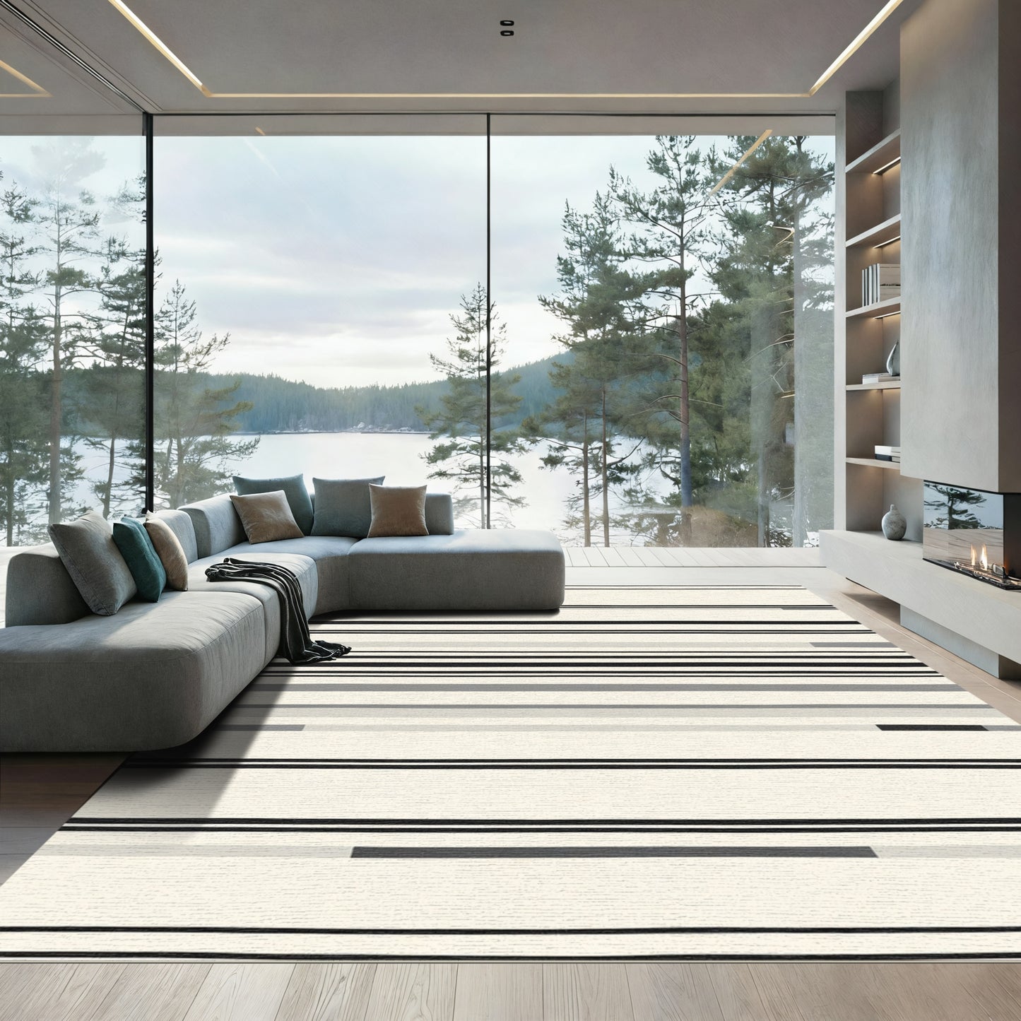 Offwhite Black Gray Horizontal Stripe Rug
