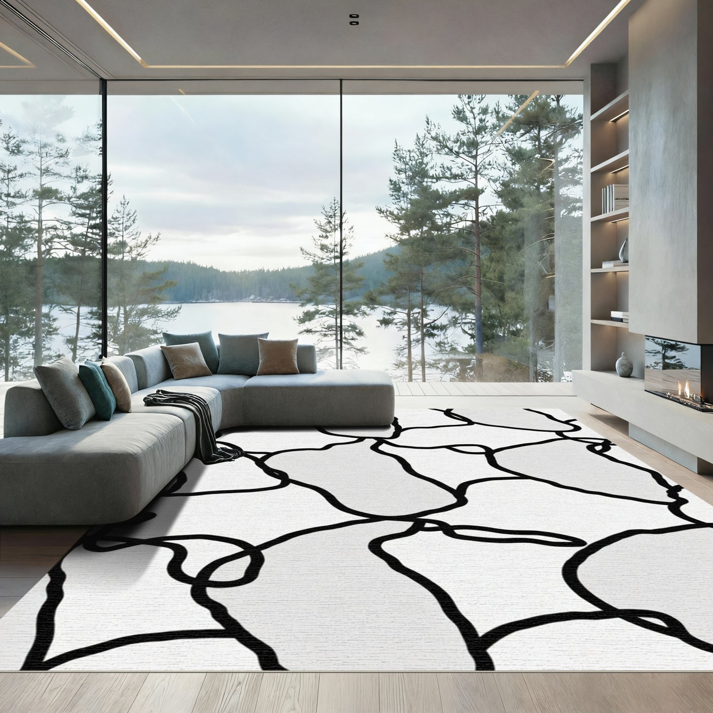 Abstract White Black Organic Shapes Rug