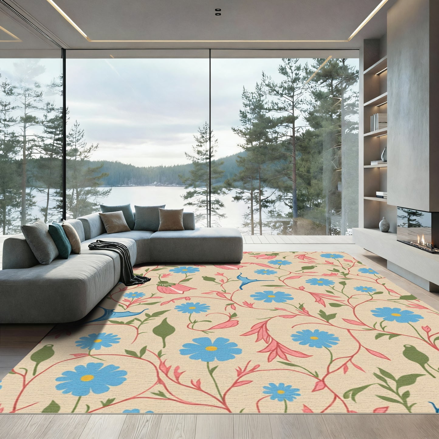 Whimsical Blue Floral Vine Garden Rug