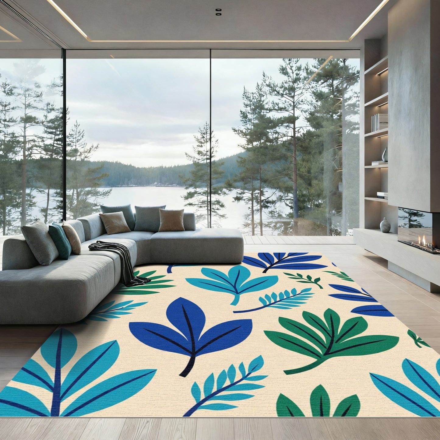 Vibrant Blue Green Leaf Repeats Rug