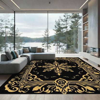 Golden Black Ornate Floral Medallion Rug