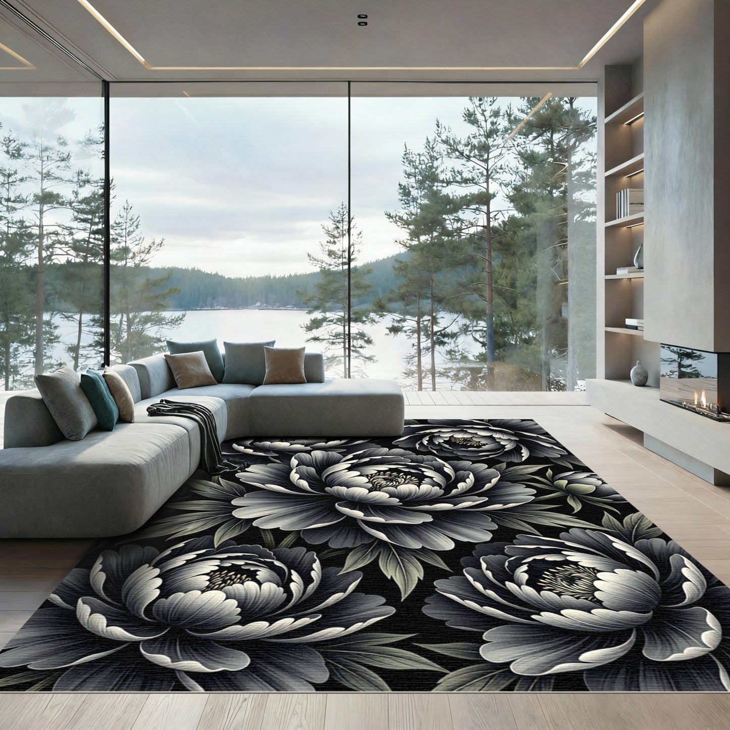 Monochrome Peony Bloom Garden Rug