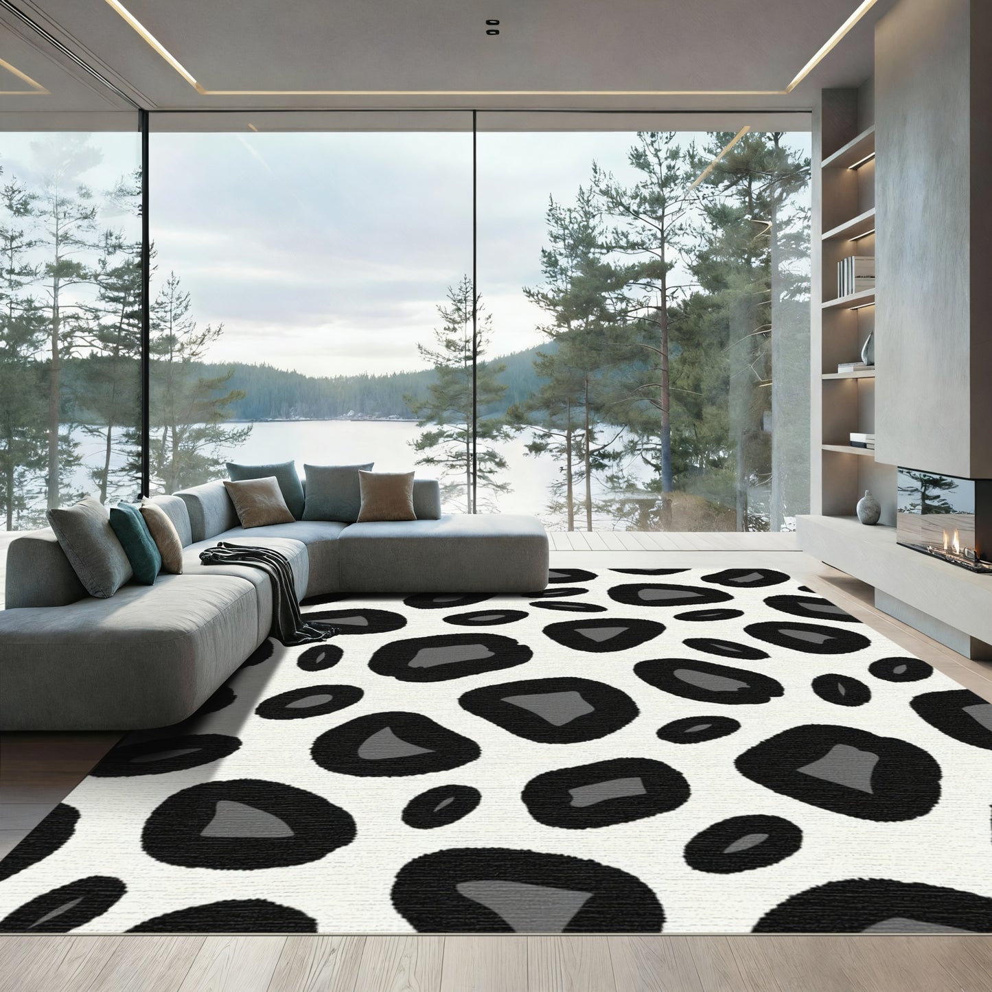 Black Gray Spotted Animal Print Rug