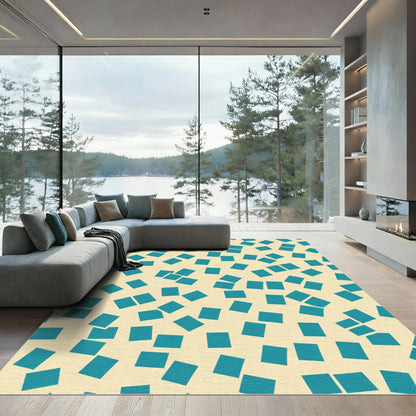Teal Squares Scattered On Cream Background Rug