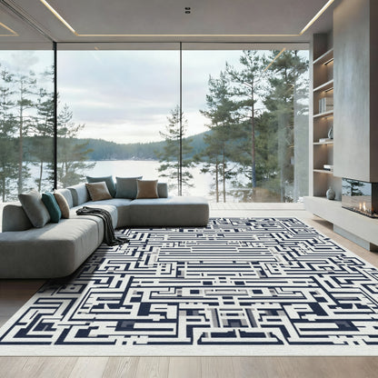 Navy White Geometric Maze Complex Rug
