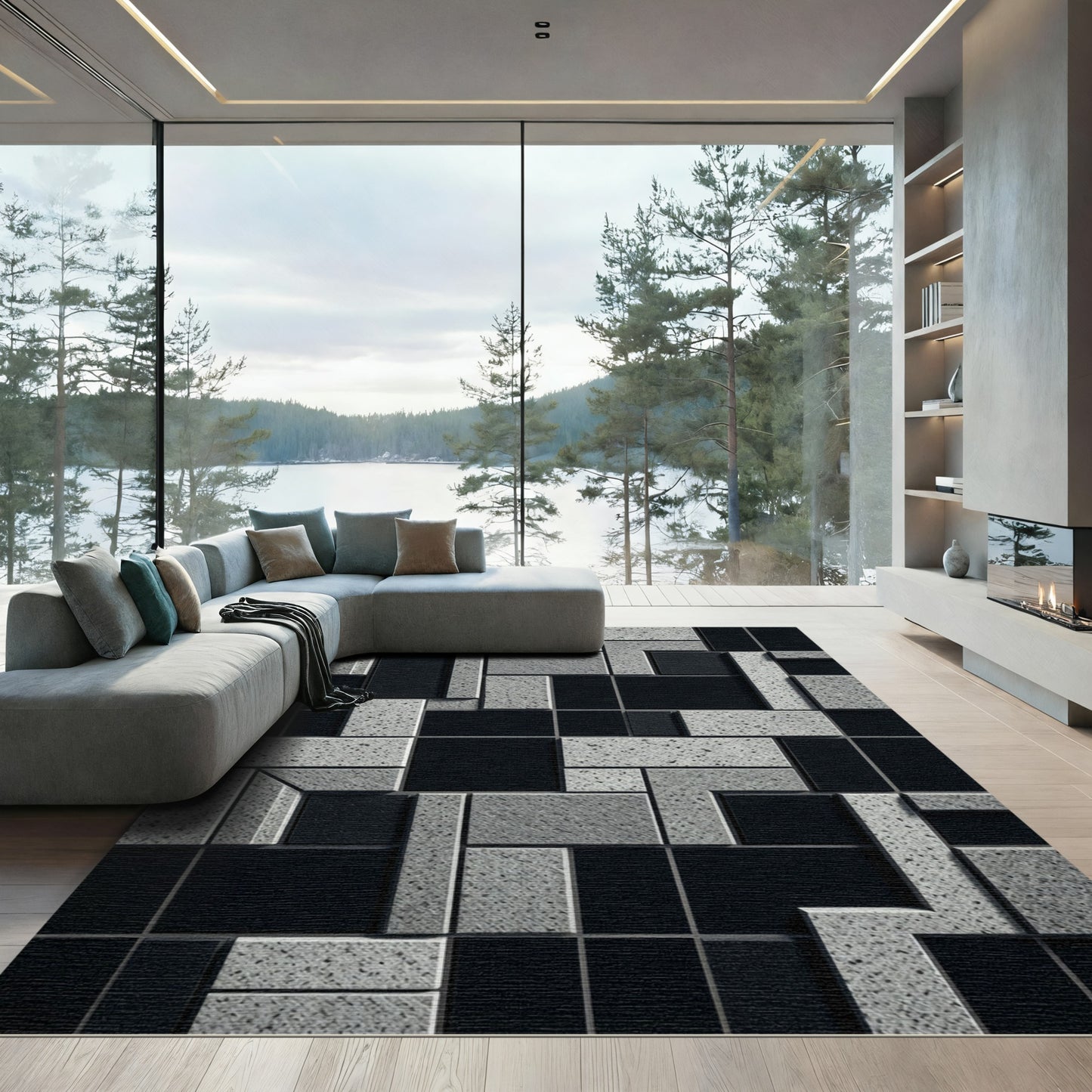 Monochrome Geometric Block Arrangement Rug