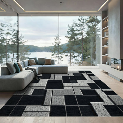 Monochrome Geometric Block Arrangement Rug
