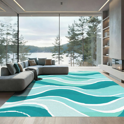 Aqua Teal Serene Wave Strokes Rug