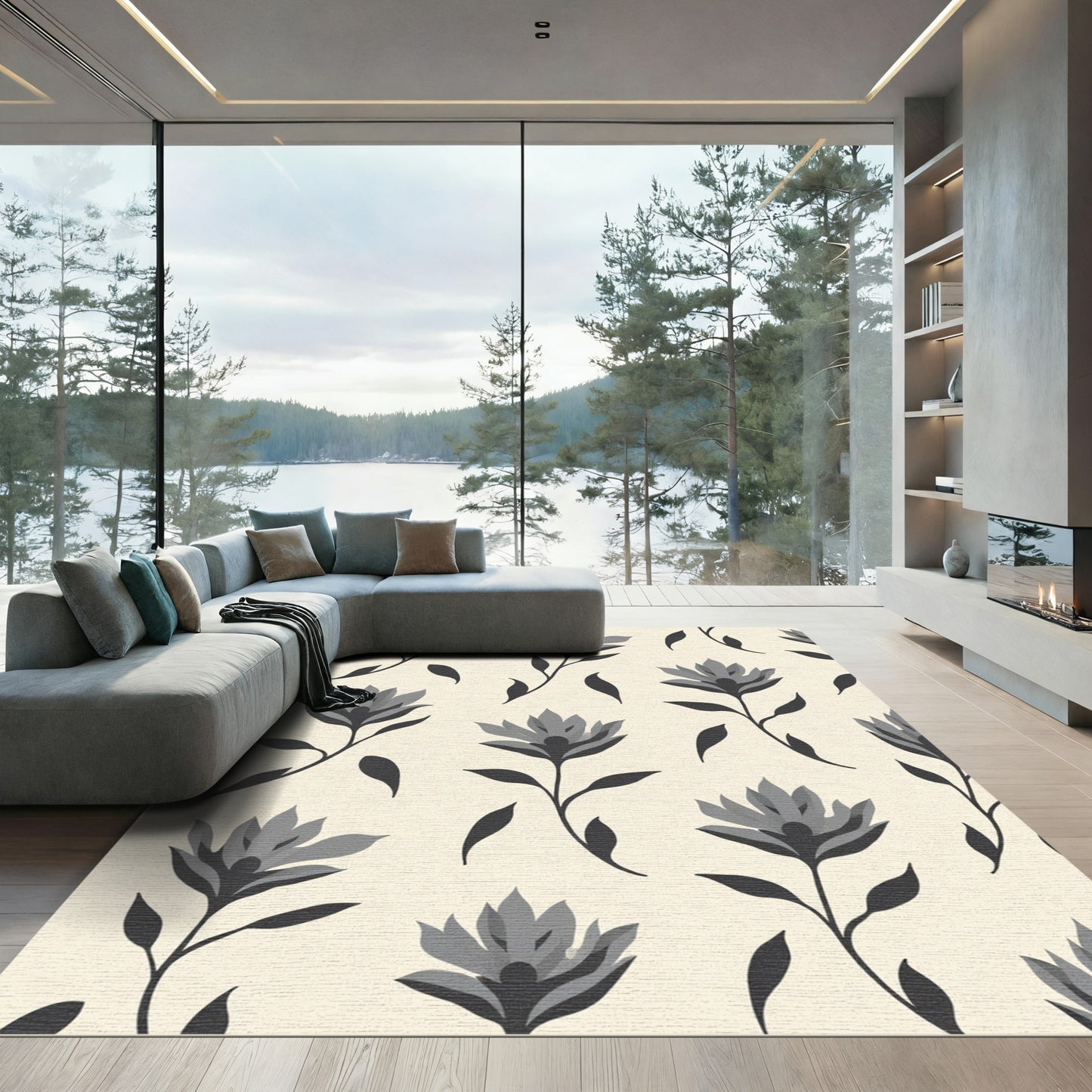 Monochromatic Grey Floral Branch Arrangement Rug