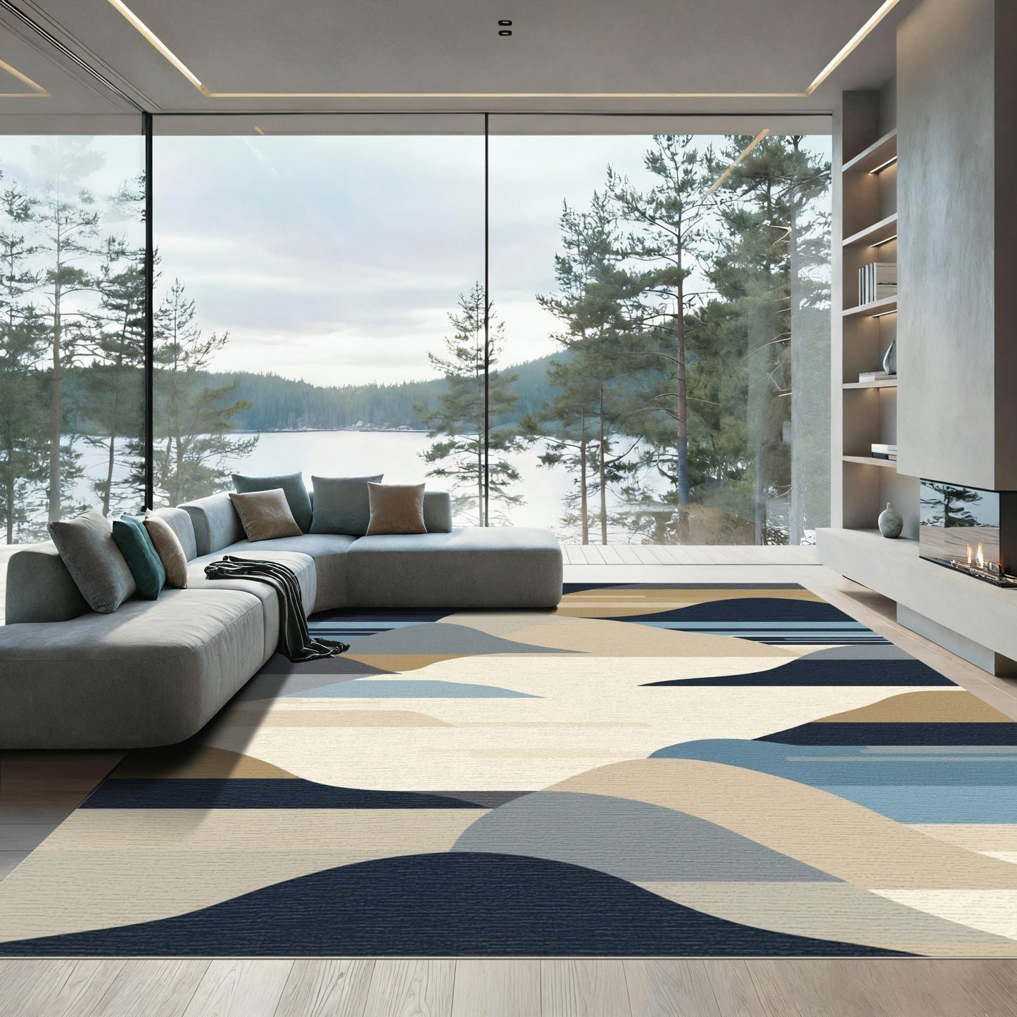 Abstract Blue Tan Sand Dune Landscape Rug