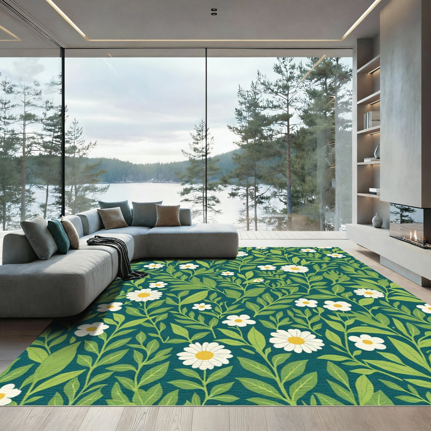 Teal Daisy Vines Garden Rug