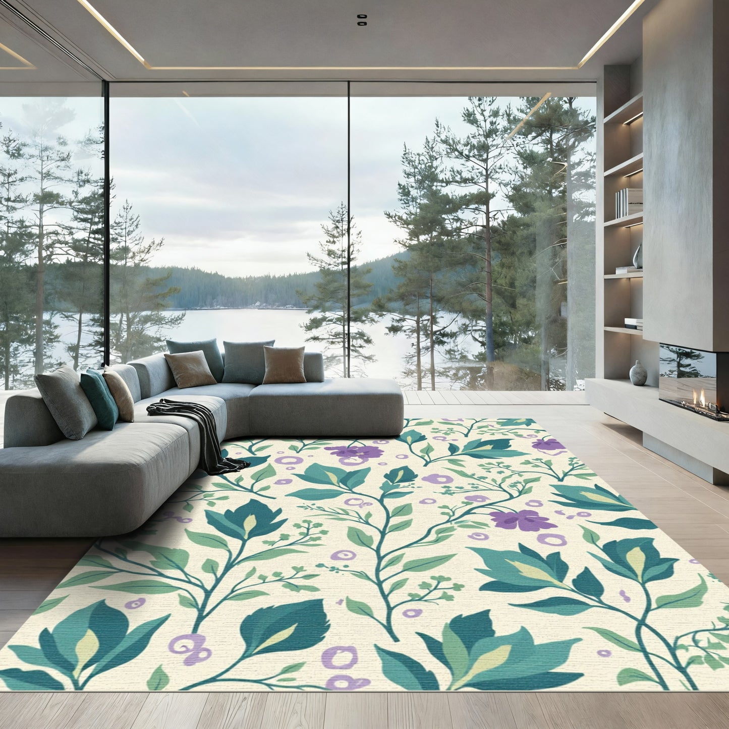 Teal Purple Botanical Vine Serenity Rug