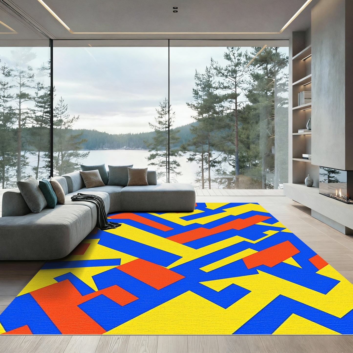 Bright Yellow Blue Orange Geometric Shapes Rug