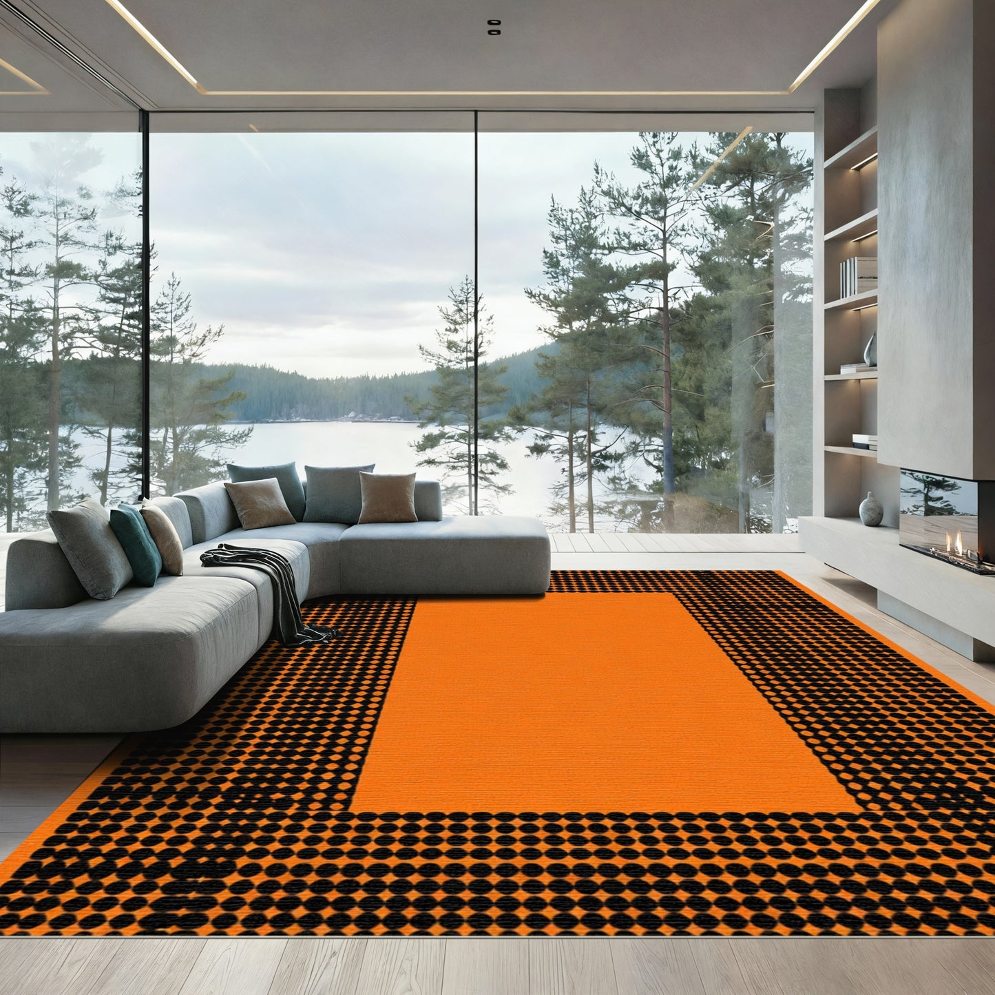 Vibrant Orange Black Dot Border Rug