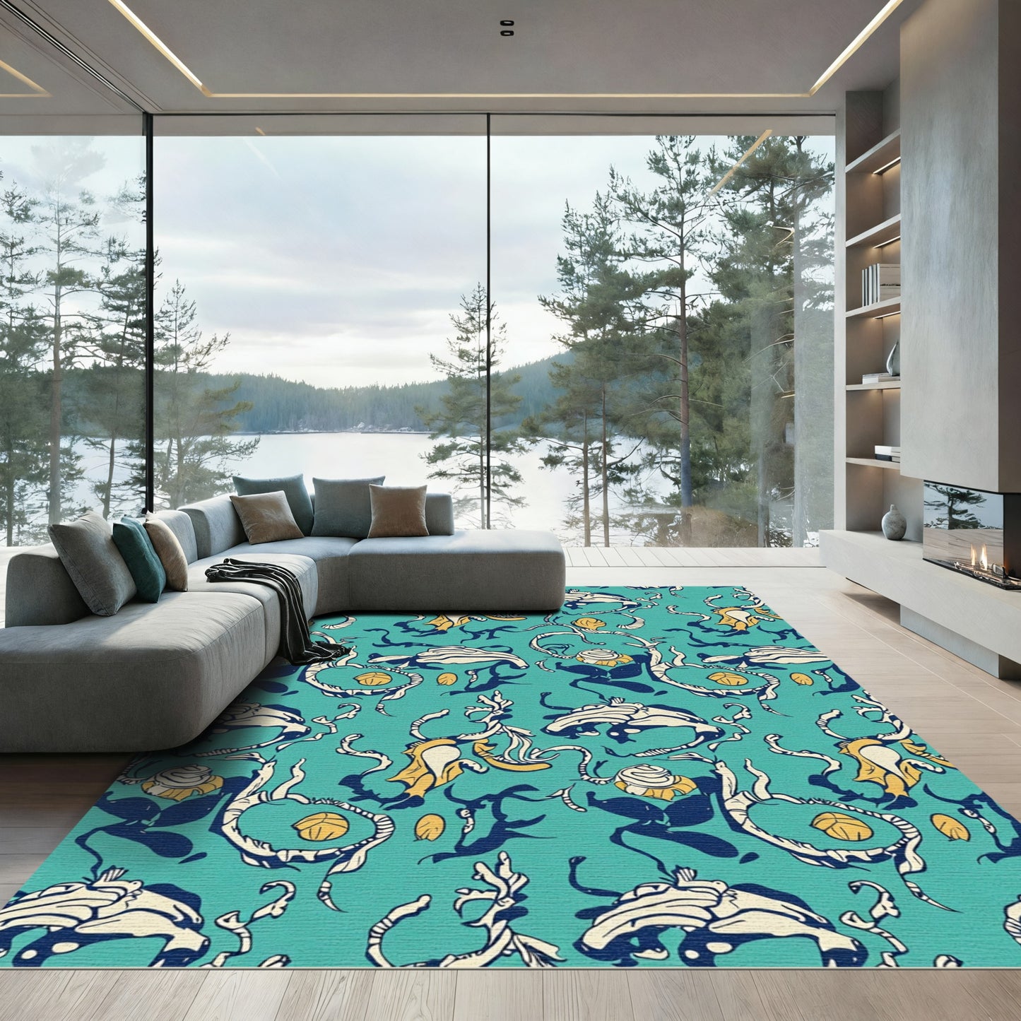 Teal Yellow Floral Branch Arrangement Rug