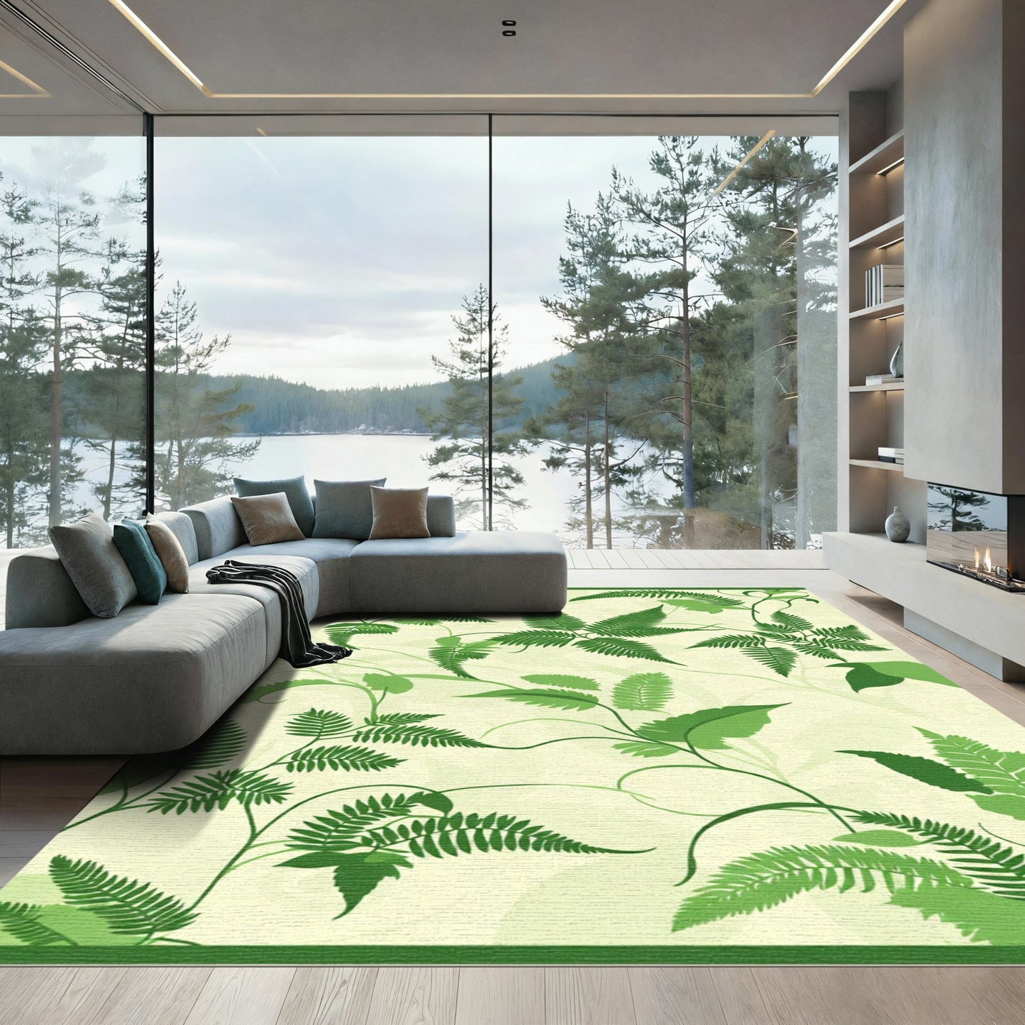 Lush Green Fern Foliage Swirl Rug