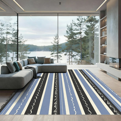 Blue Cream Black Striped Ribbon Rug