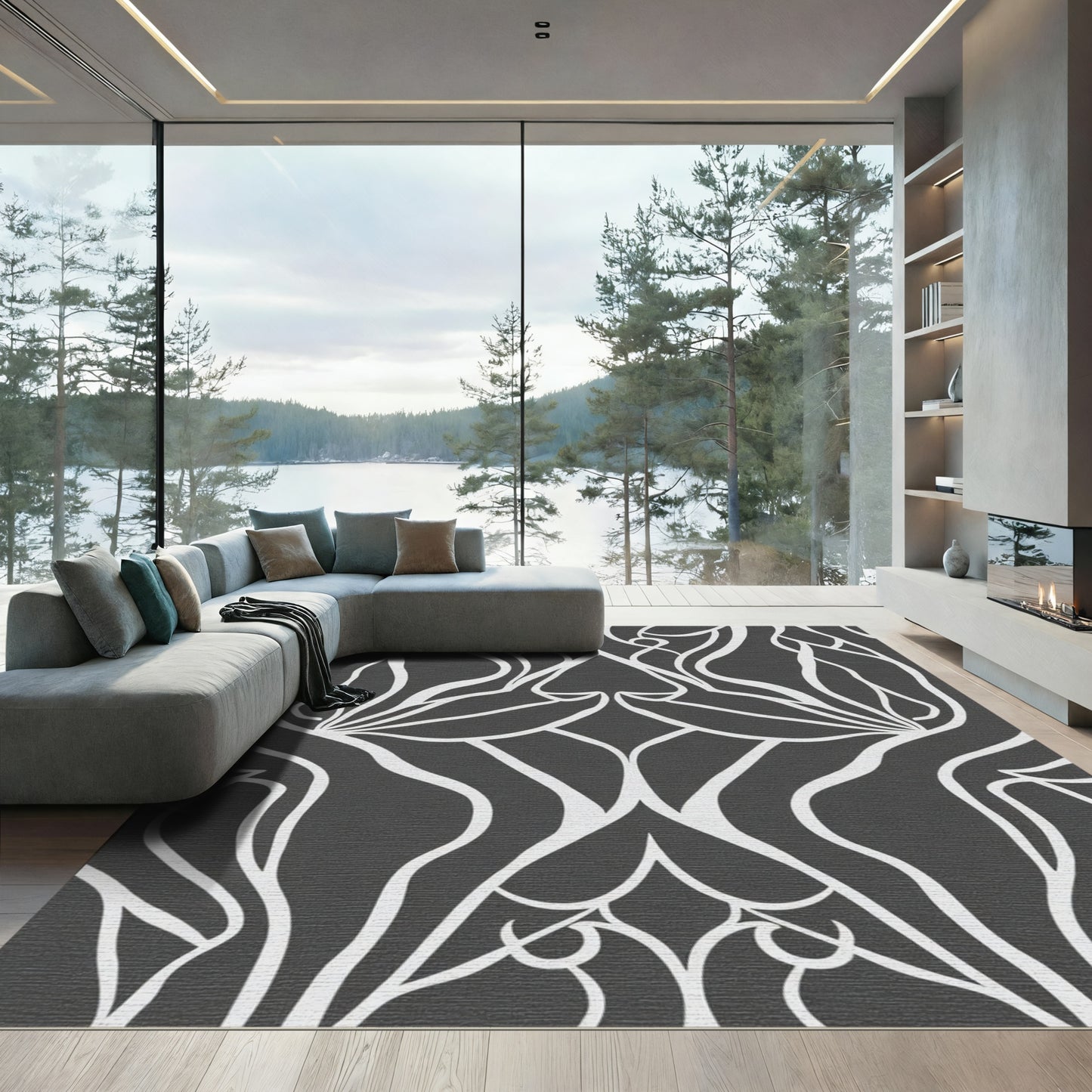 Monochromatic Flowing Lines Abstract Art Rug