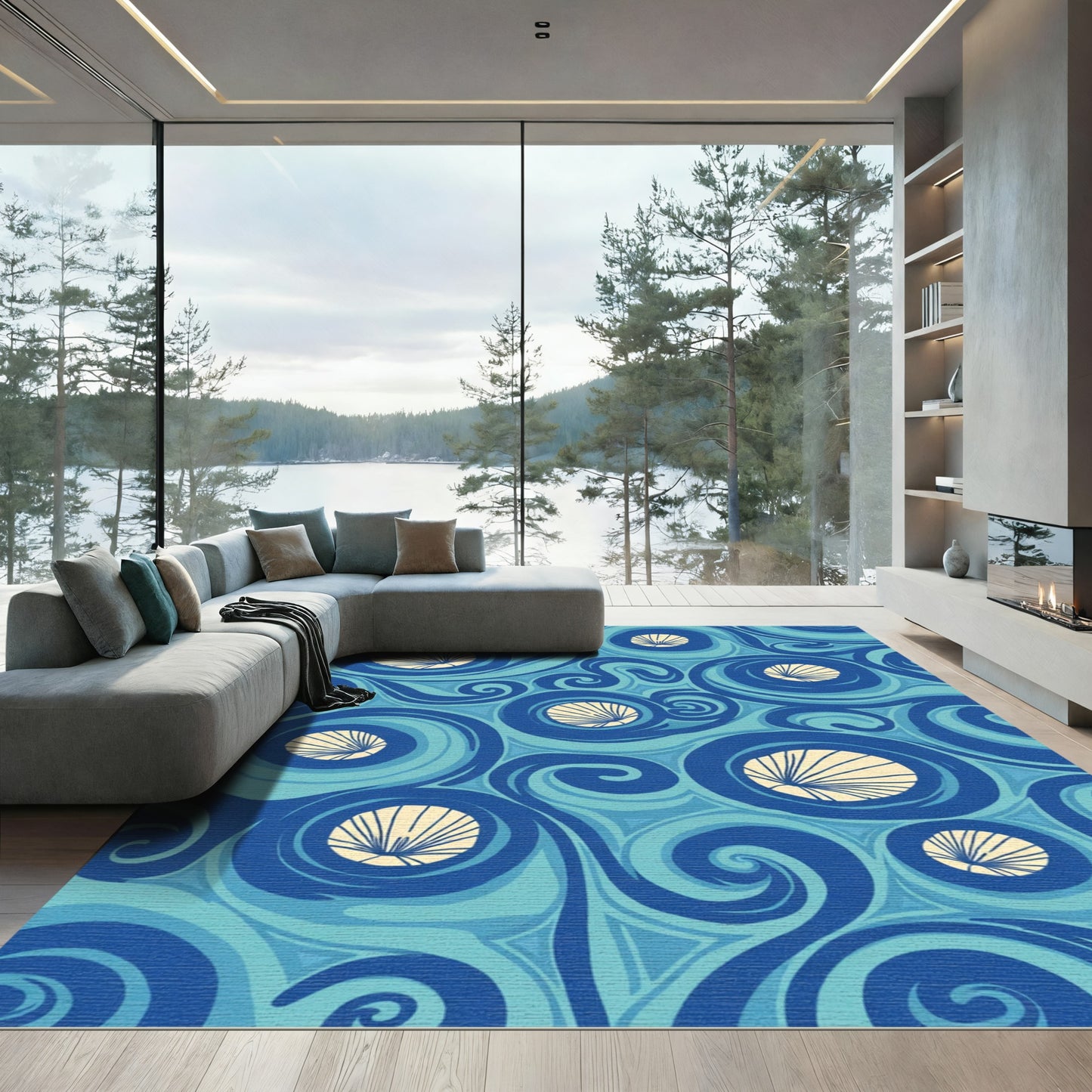 Azure Swirling Circles Fan Shell Rug