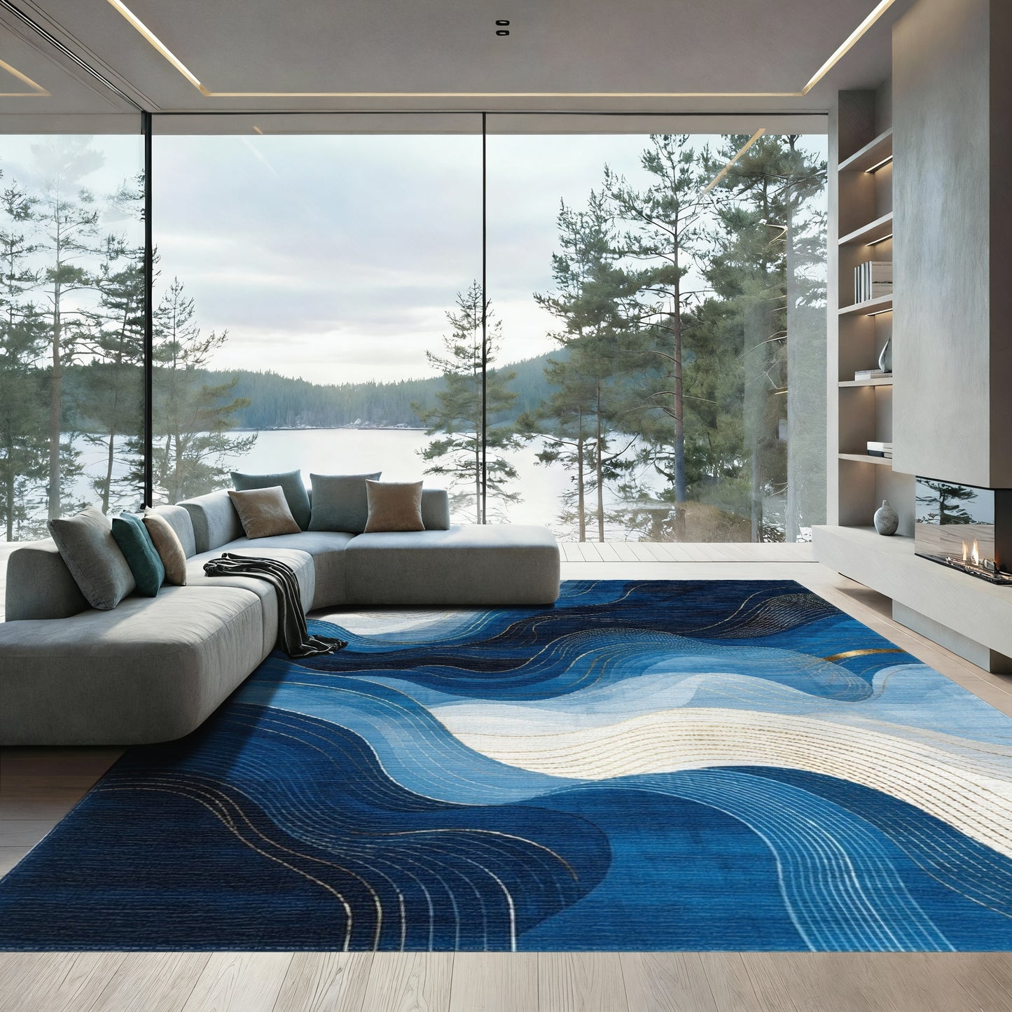 Layered Navy Waves Gold Rug