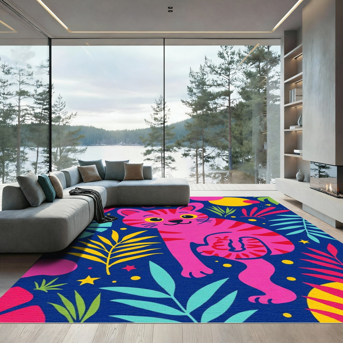 Whimsical Pink Tabby Jungle Cat Rug