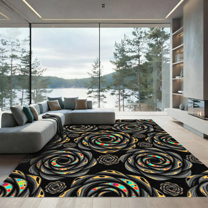 Abstract Black And Yellow Swirls Rug