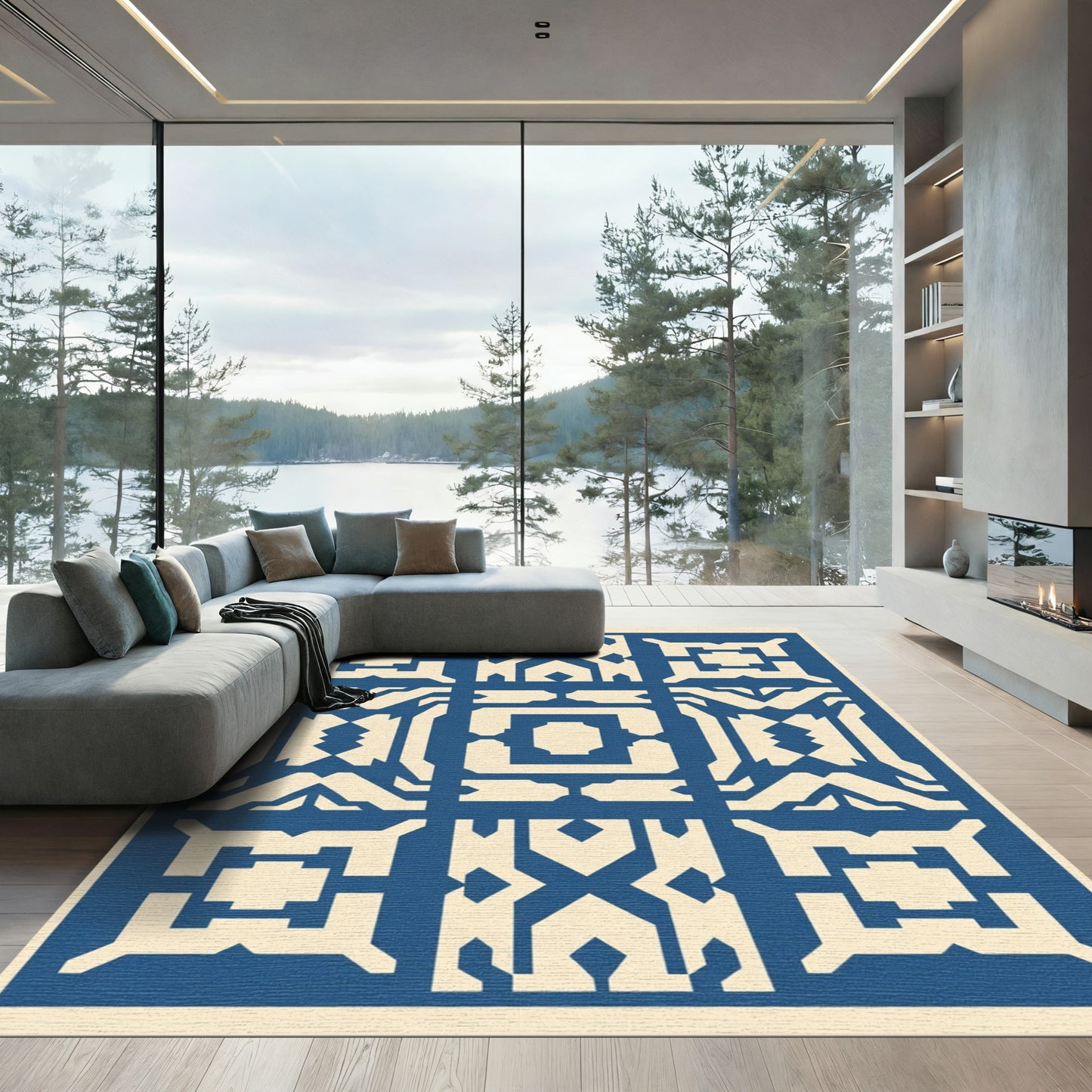 Geometric Blue Ivory Symmetry Arrangement Rug
