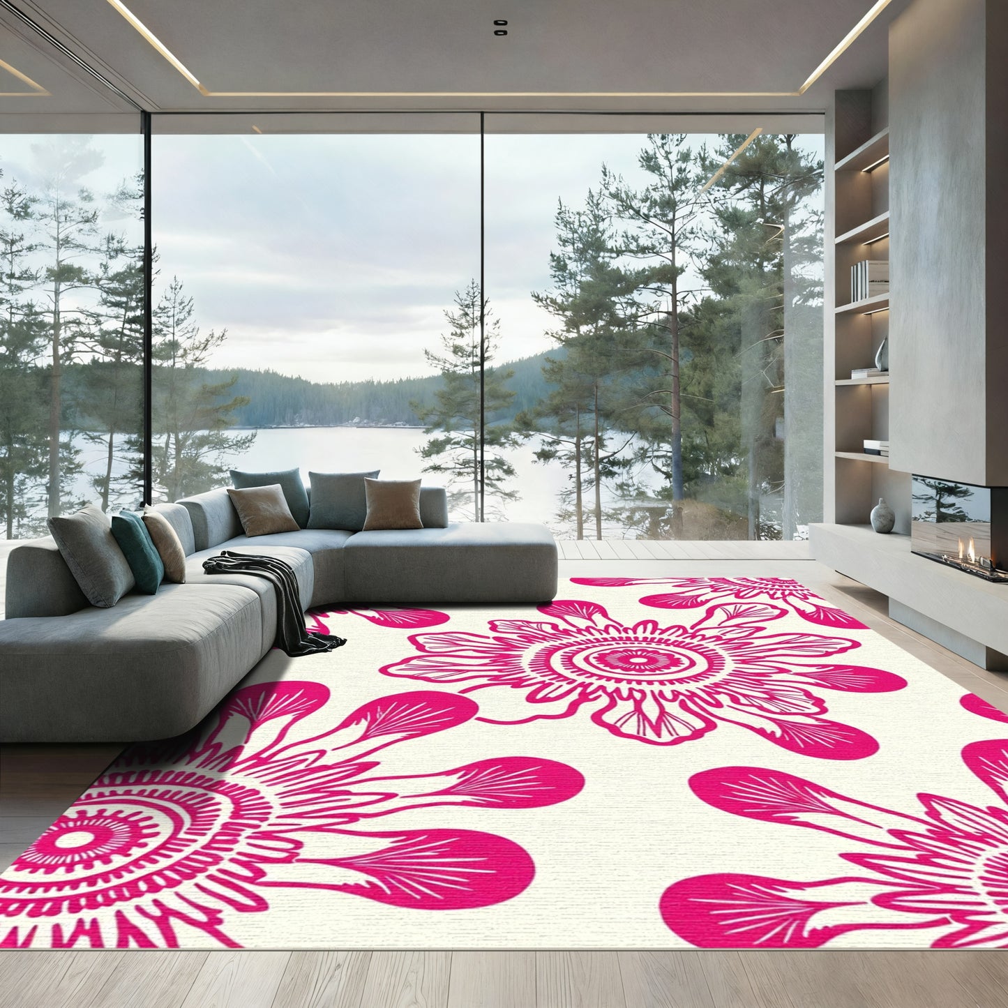 Fuchsia Floral Medallion Abstract Composition Rug