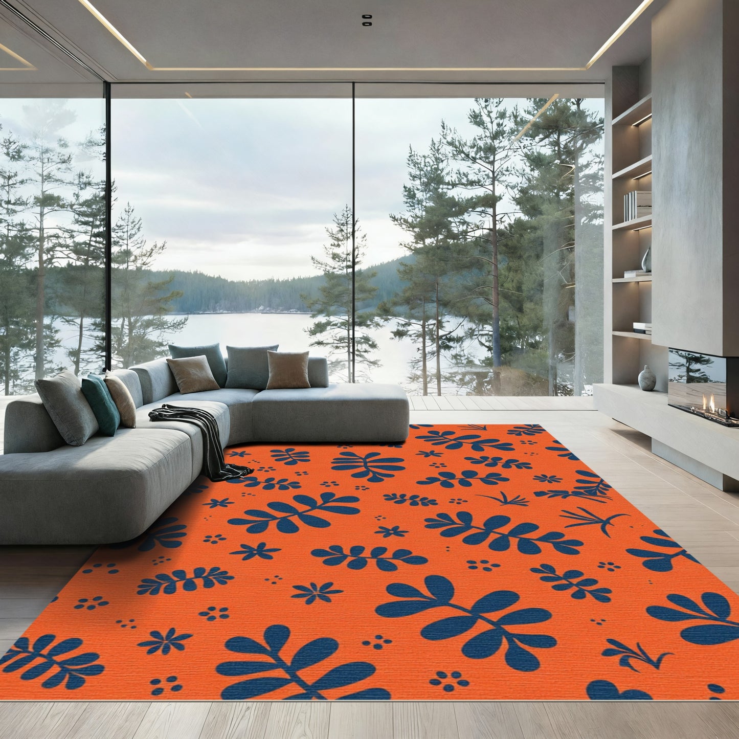 Orange Navy Leafy Sprig Blossom Rug
