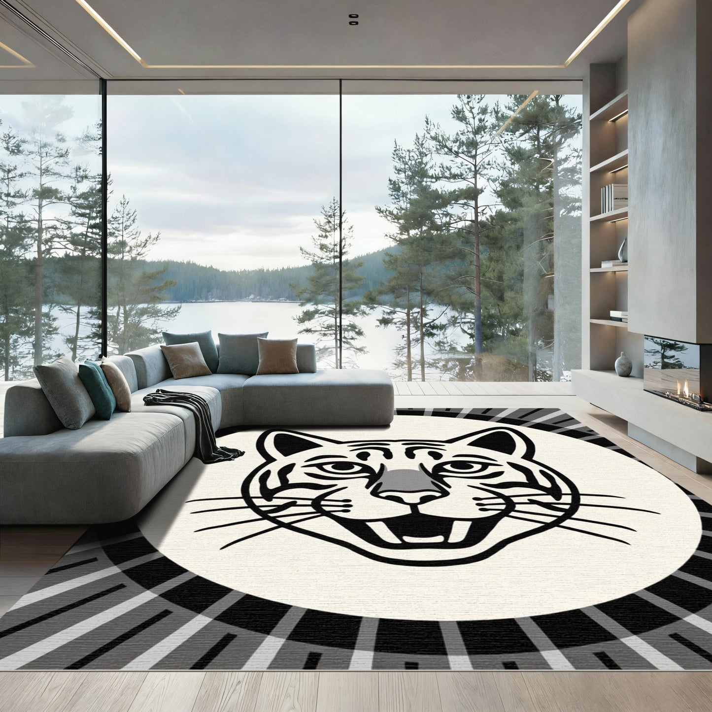 Black White Tiger Sunburst Rug