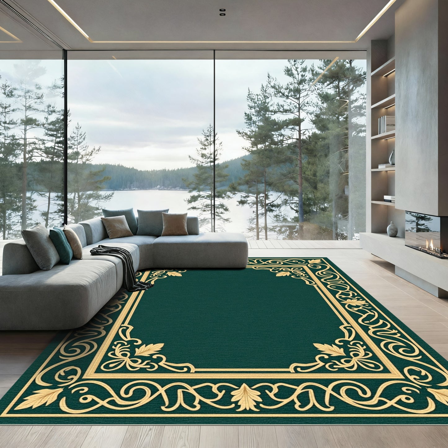 Ornate Golden Leaf Scroll Border Rug