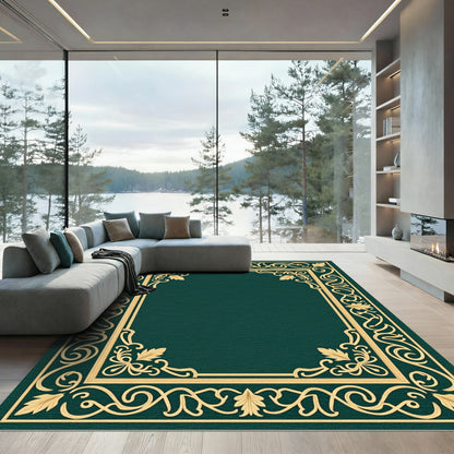 Ornate Golden Leaf Scroll Border Rug