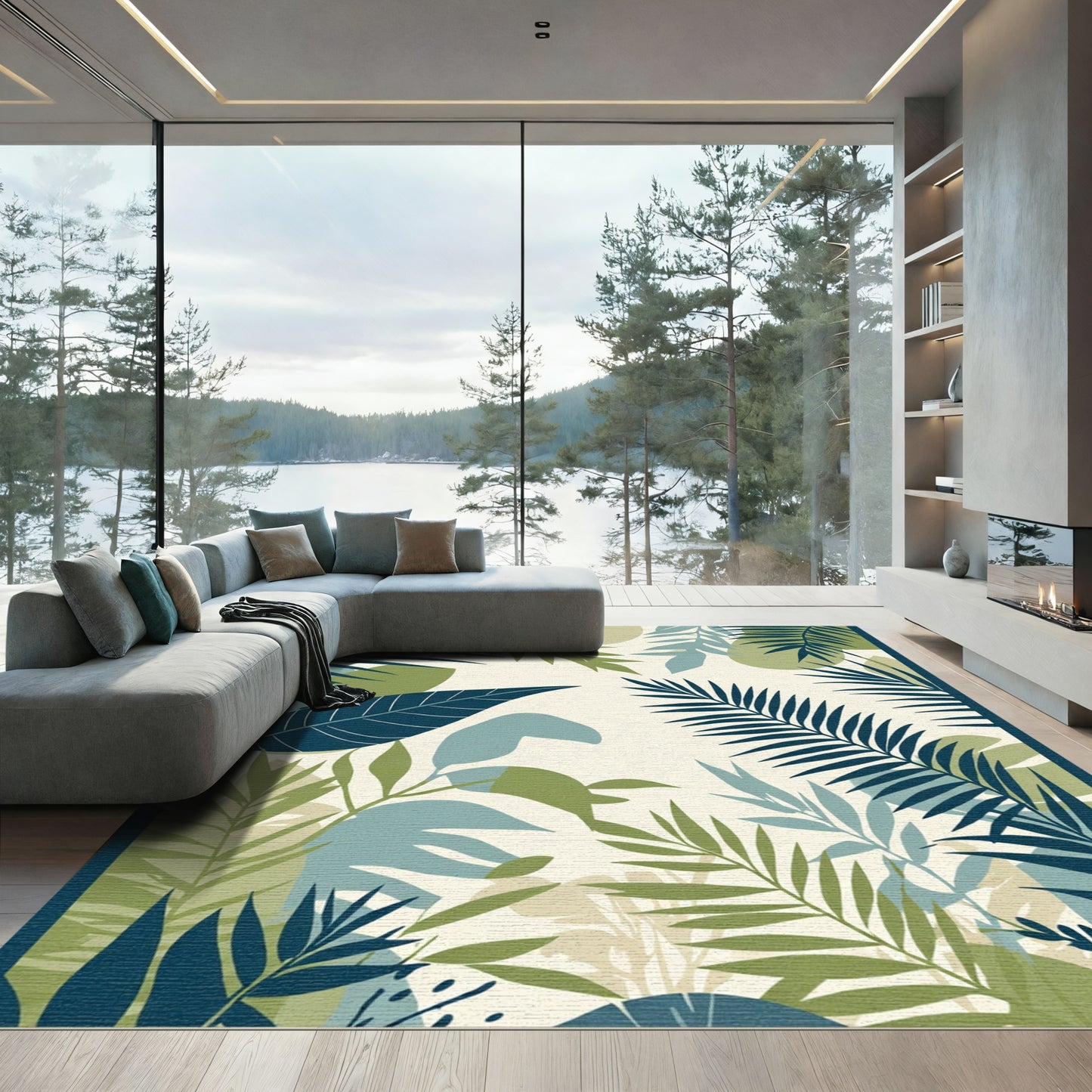 Deep Blue Green Tropical Leaf Composition Rug