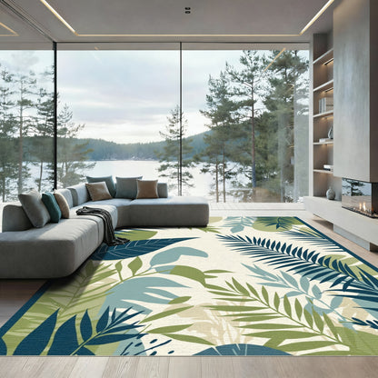 Deep Blue Green Tropical Leaf Composition Rug