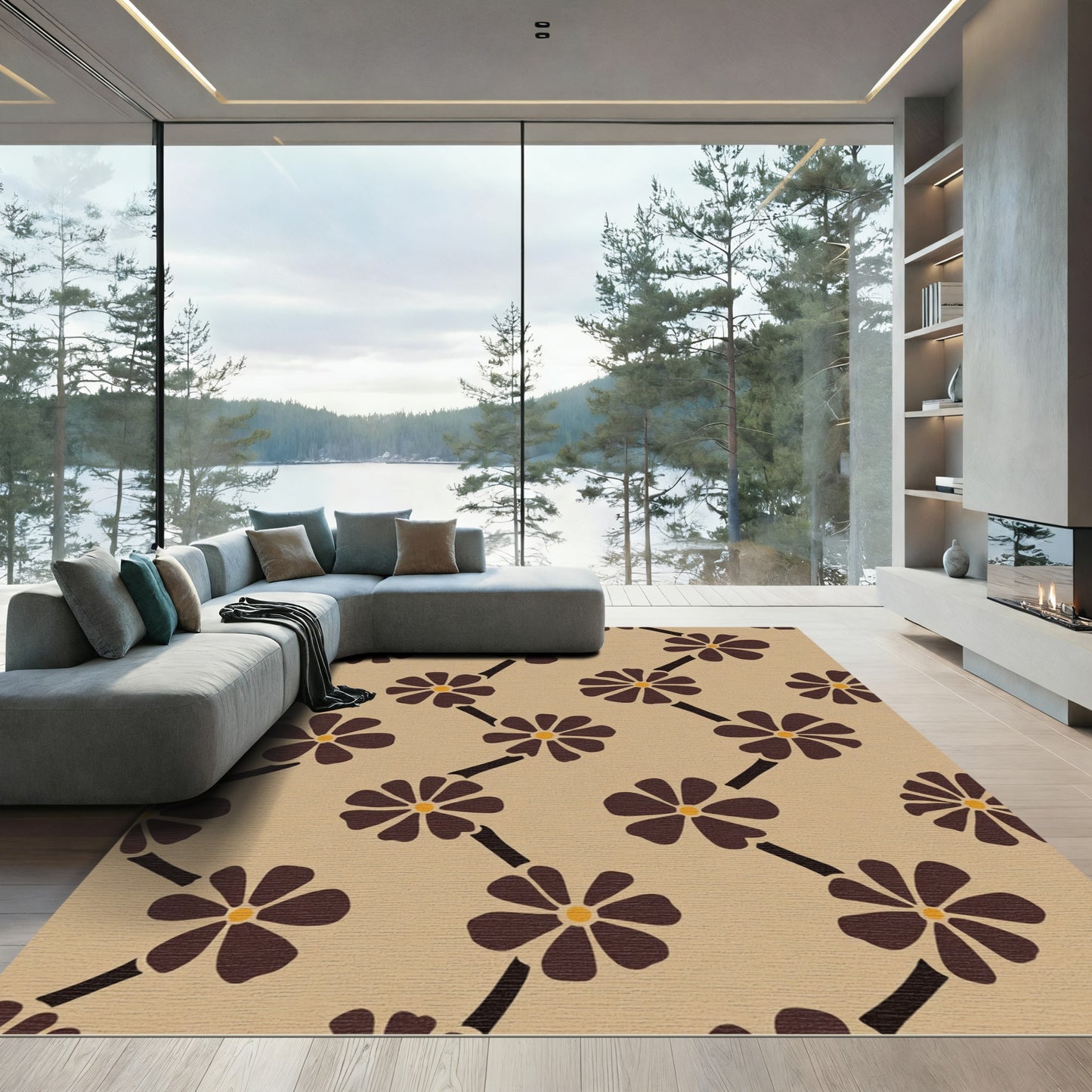 Brown Floral Vine Zigzag Rug