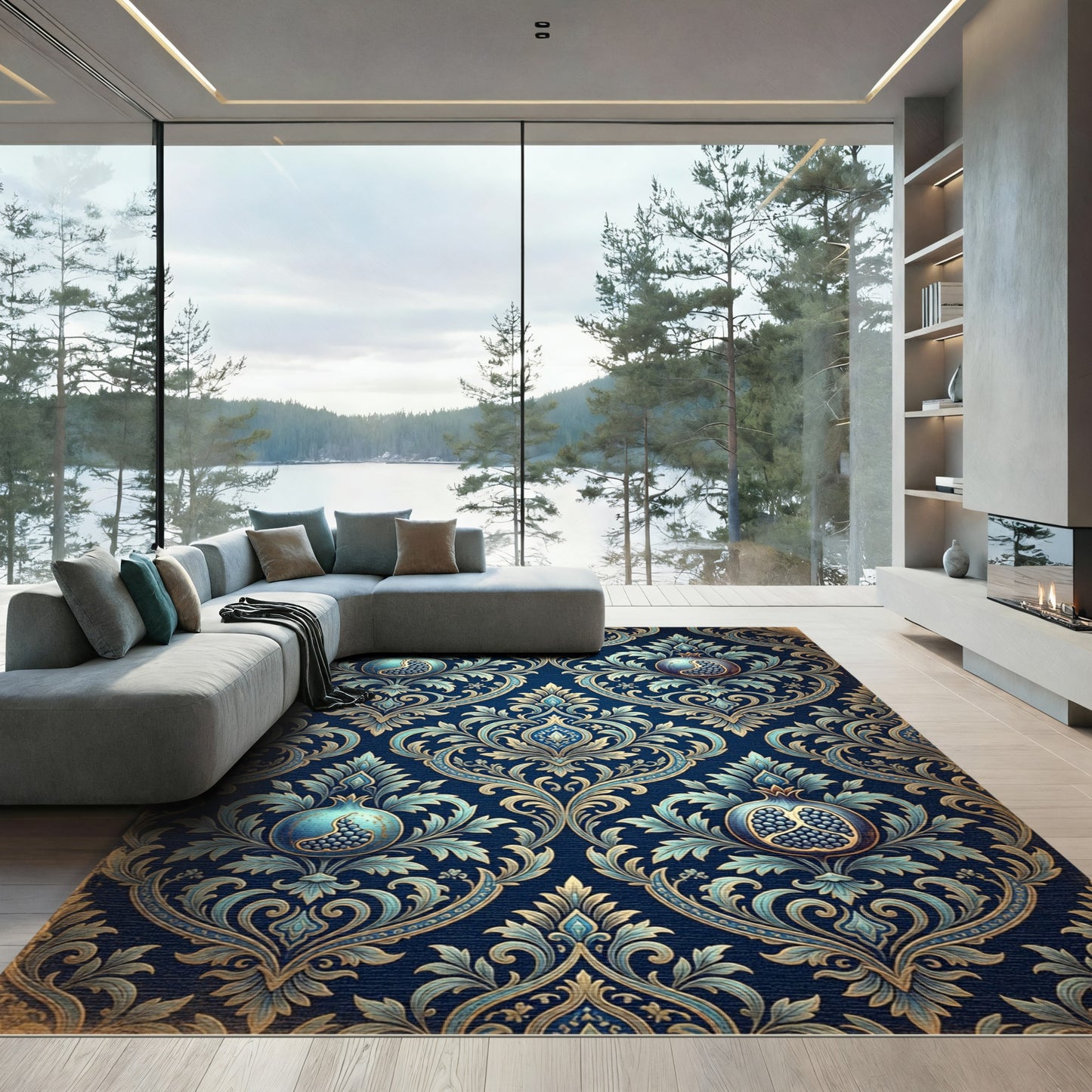 Navy Blue Pomegranate Regal Scroll Rug