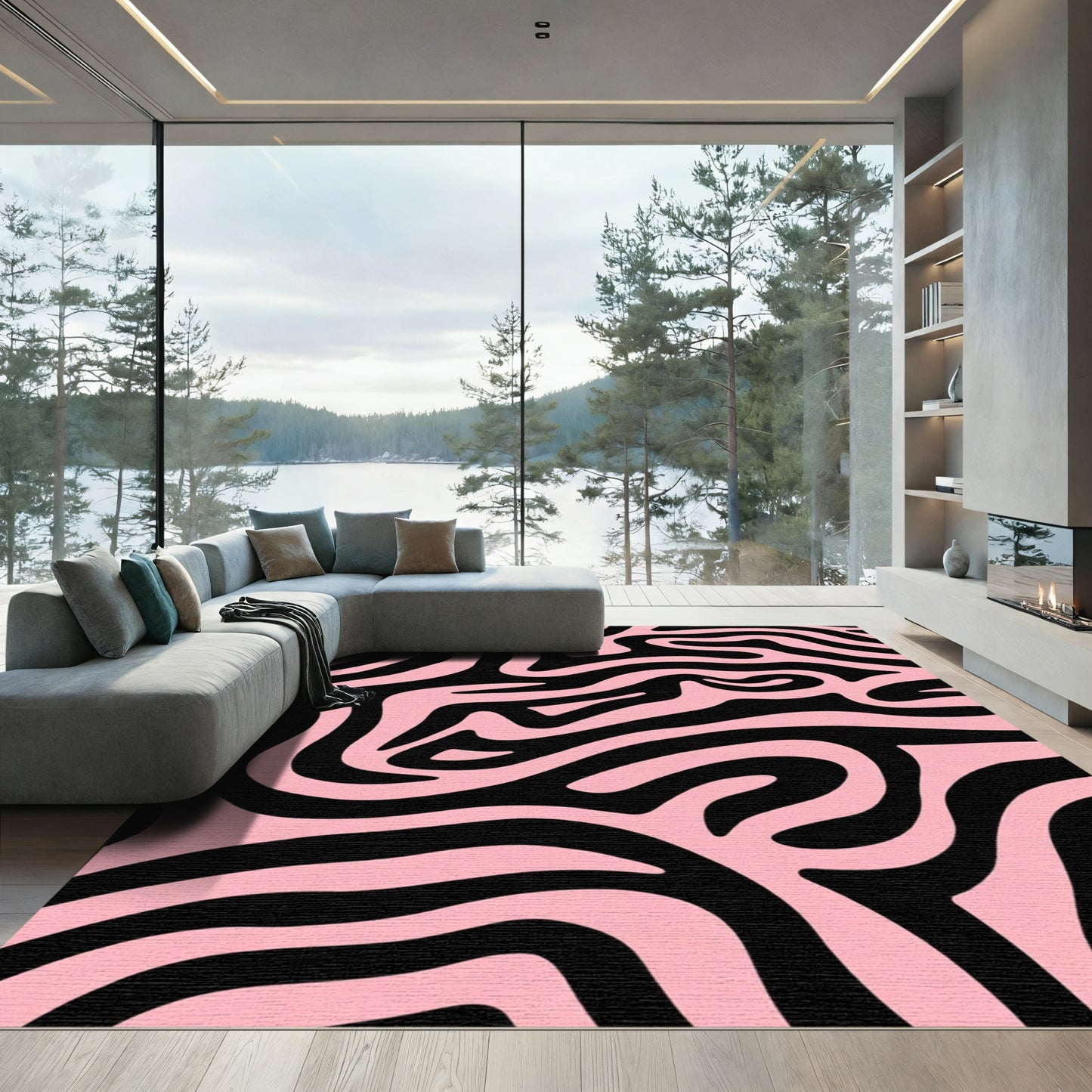 Pink Black Zebra Print Waves Rug
