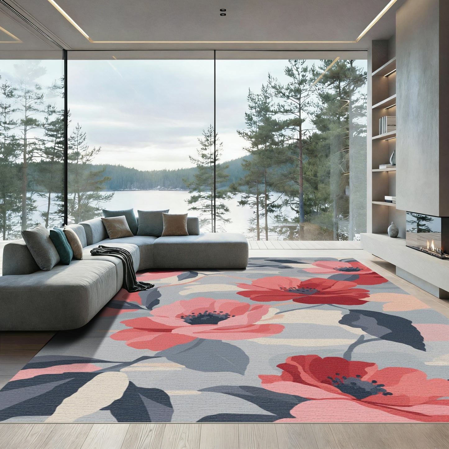 Crimson Coral Floral Camo Abstraction Rug
