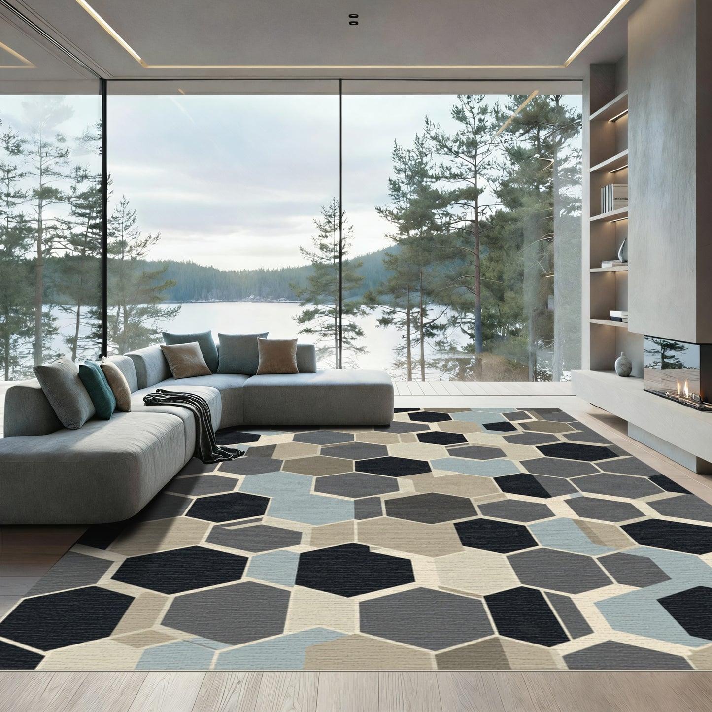 Modern Gray Hexagon Tessellation Rug