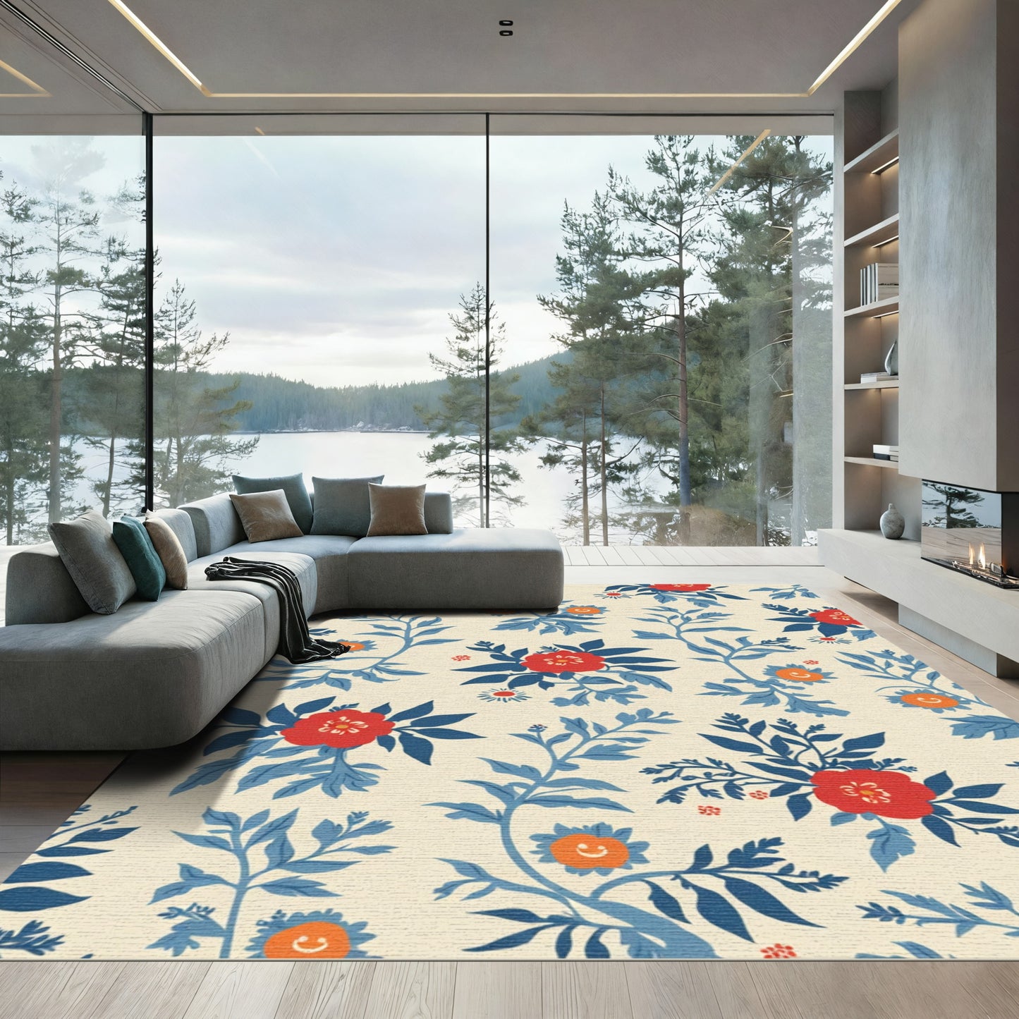 Crimson Orange Blue Floral Garden Rug