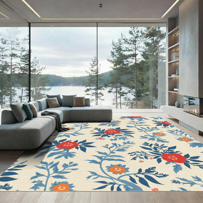 Crimson Orange Blue Floral Garden Rug