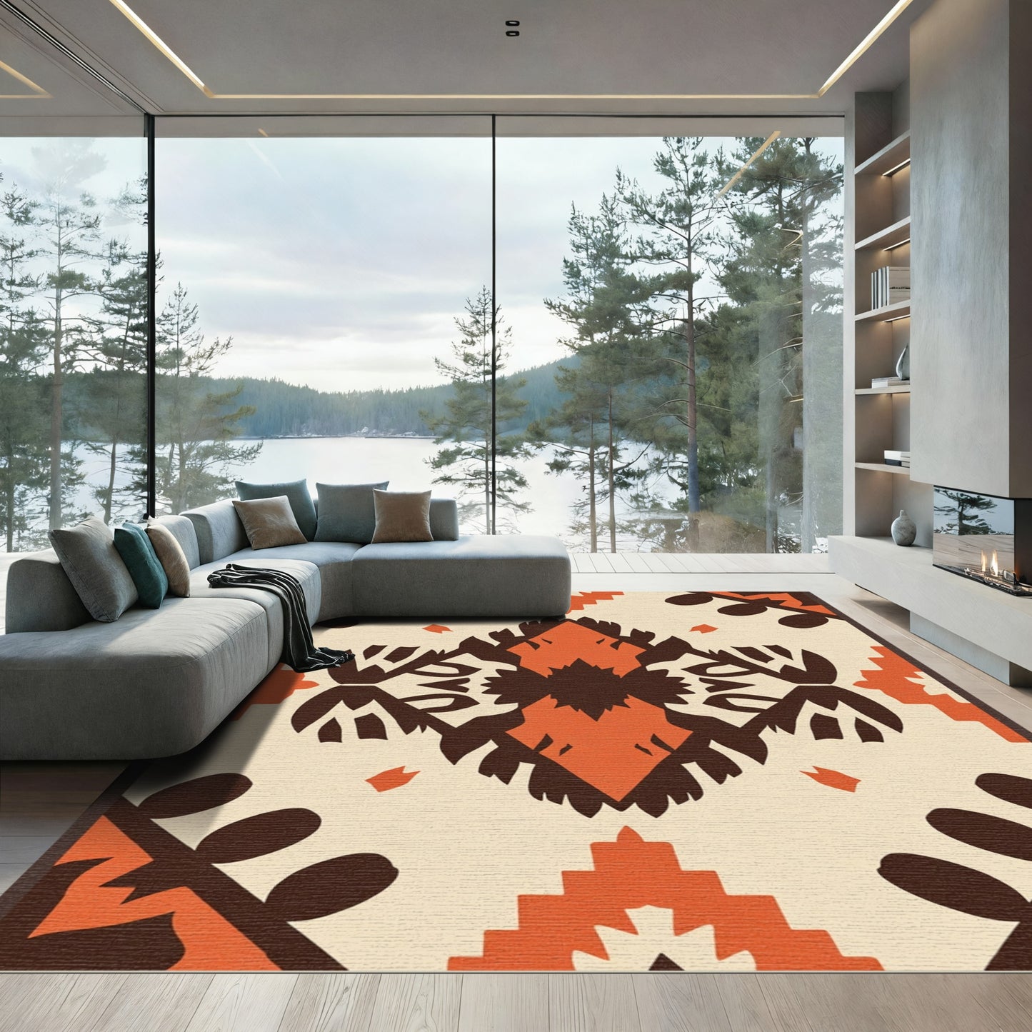 Earthy Orange Cream Folk Medallion Rug